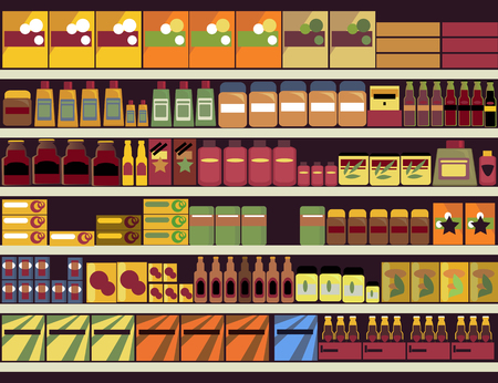 Grocery store shelves filled with canned and boxed goodsのイラスト素材