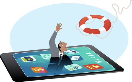 Man drowning in a smartphone screen, reaching for a lifebuoy, vector illustration, no transparencies, no meshのイラスト素材