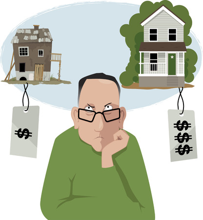Upset men choosing between an affordable house in a bad shape and a nice, but expensive, house, EPS 8 vector illustrationのイラスト素材