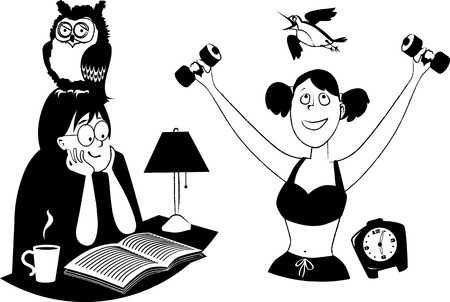 Black vector silhouette of a night owl and morning bird people, no white objects, isolated outline, EPS 8のイラスト素材