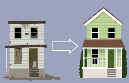 Old, rundown house turned into a nice new home, EPS 8 vector illustration