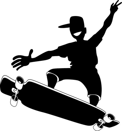 Black vector silhouette of a male teenager riding a longboard, EPS 8のイラスト素材