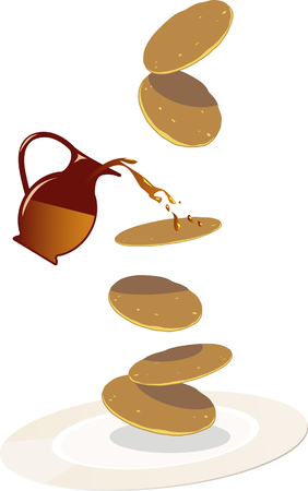 Pancakes falling on a plate, syrup splashing on them from a little pitcher, EPS 8 vector illustration, no transparenciesのイラスト素材