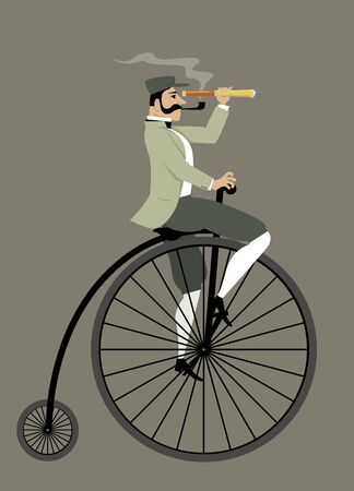 Victorian gentleman with a pipe and a telescope riding a penny-farthing bicycle のイラスト素材