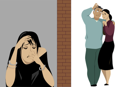 Concerned parents separated by a brick wall from their depressed daughter illustration, no transparenciesのイラスト素材