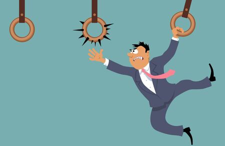 Businessman attempting to move forward using gym rings and facing a dangerous and unpleasant choiceのイラスト素材