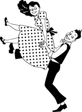 EPS 8 vector silhouette of a young couple dressed in vintage fashion performing a rock and roll lift, no white objectsのイラスト素材