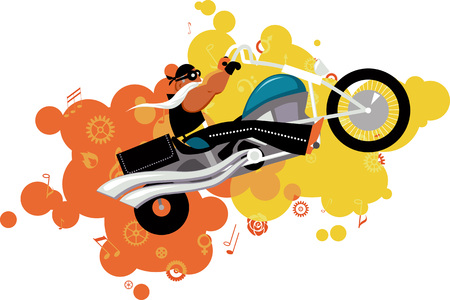 Cartoon biker character, blast of music symbols and gears on the background, EPS 8 vector illustration, no transparenciesのイラスト素材
