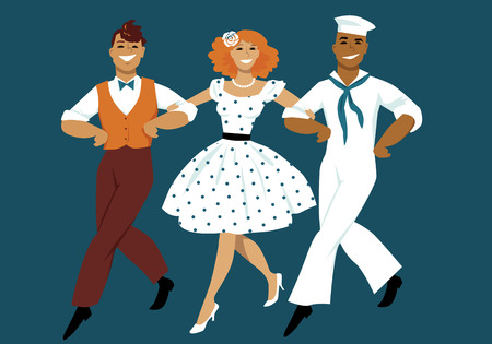 Three young people dressed in 1940s fashion marching arm in arm in the style of classic musical films, EPS 8 vector illustration, no transparenciesのイラスト素材