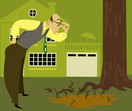 Concerned man looking at a puddle of sewage on the lawn, coming from an overflown septic tankのイラスト素材