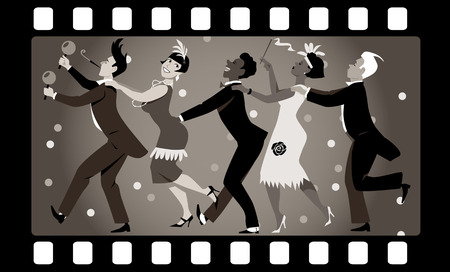 Group of people dressed in 1920s fashion dancing in a conga line in an old movie frameのイラスト素材