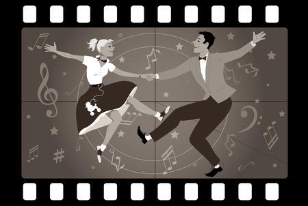 Couple dancing 1950s style rock and roll in an old movie frameのイラスト素材