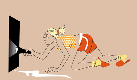 Young woman with a flashlight crawling on the floor, investigation a water leakのイラスト素材