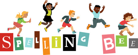 Spelling bee title design with schoolchildren jumping on lettersのイラスト素材