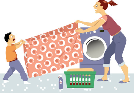Young woman and little boy folding laundry together in a laundry roomのイラスト素材