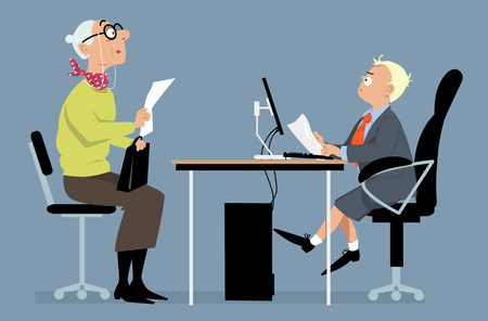 Elderly woman having a job interview with a hiring manager, looking like a little boy, vector illustration, no transparenciesのイラスト素材