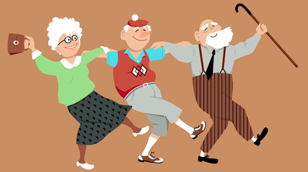 Three happy seniors dancing sirtaki or Zorba dance, vector illustration, no transparenciesの販売画像