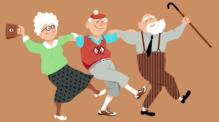 Three happy seniors dancing sirtaki or Zorba dance, vector illustration, no transparencies