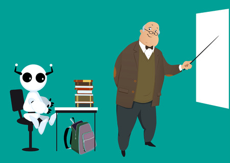 Robot sitting at the desk in a classroom in front of a teacherのイラスト素材