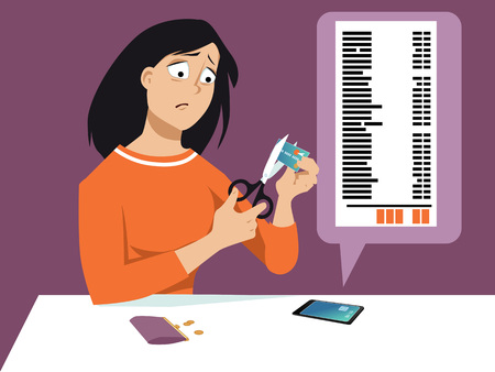 Upset woman received a long credit card bill on her smart-phone and cutting a credit card in half with a scissorsのイラスト素材