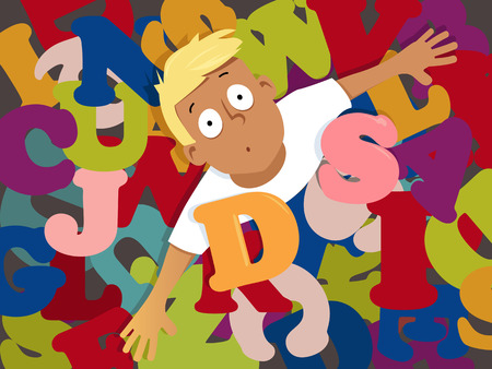 Young boy drowning in letters as a metaphor for dyslexiaのイラスト素材
