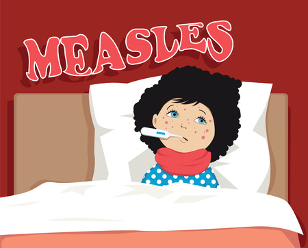 Child, sick with measles, lying in bed, covered with blisters and with a thermometer in the mouth, EPS 8 vector illustrationのイラスト素材