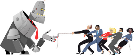 Giant robot winning tug of war with a group of humans, EPS8 vector illustration, no transparenciesのイラスト素材