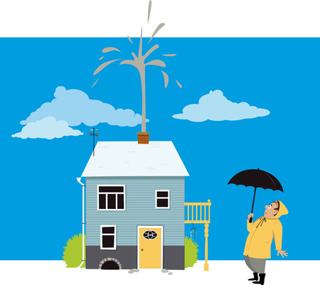 Homeowner looking at a fountain of sewage or water coming from a chimney of his house, EPS 8 vector illustrationのイラスト素材