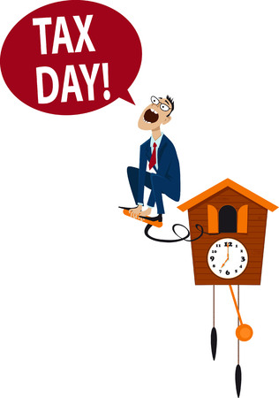 Accountant jumping from a cuckoo clock, reminding about tax day, EPS 8 vector illustrationのイラスト素材