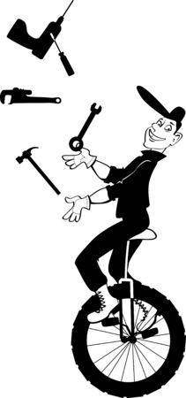 Auto mechanic in overalls riding a unicycle and juggling tools, EPS 8 vector illustration, no white objects, black onlyのイラスト素材