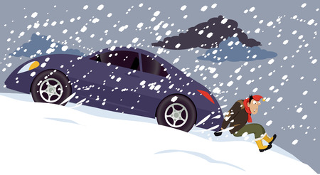 Man pushing a stalled car under a heavy snow, EPS 8 vector illustrationのイラスト素材