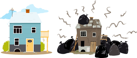 Smelly house buried under garbage bags creating problems for it's neighbors, EPS 8 vector illustrationのイラスト素材