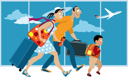 Happy familywith luggage walking through the airport, preparing to board a plane, EPS 8 vector illustrationのイラスト素材