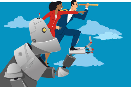 Giant robot holding business people, helping them to look further ahead, EPS 8 vector illustrationのイラスト素材