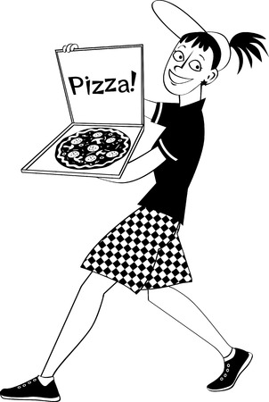 Pizza delivery girl with a pie in a box, EPS8 vector illustration, no white objects, black onlyのイラスト素材