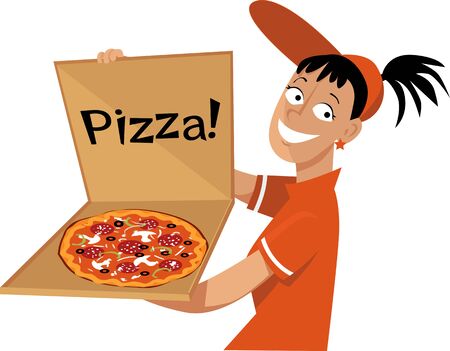 Smiling young woman holding a box with a pizza, EPS 8 vector illustrationのイラスト素材