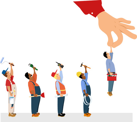 Customer's hand picking a handyman from a line of house improvement specialists including a painter, a plumber, a contractor and an electrician, EPS 8 vector illustrationのイラスト素材