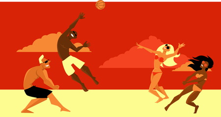 Group of diverse friends playing beach volleyball, EPS 8 vector illustrationのイラスト素材