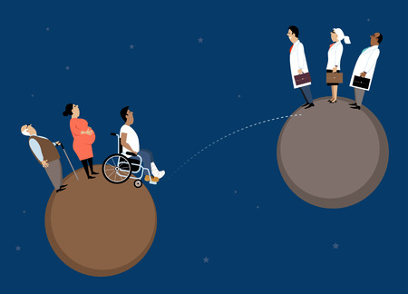 Doctors and potential patients standing on two separate planets, looking for connection, EPS 8 vector illustrationのイラスト素材