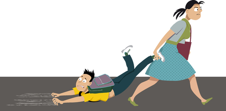 Mother dragging an anxious kid to school, EPS 8 vector illustrationのイラスト素材