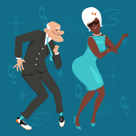 Mature couple dressed in 1960th fashion dancing the Twist.のイラスト素材