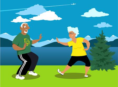 Senior couple practicing tai chi outside in a park, EPS 8 vector illustrationのイラスト素材