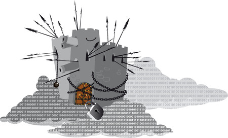 Heavily armed fortress protecting a digital cloud filled with computer code, EPS 8 vector illustrationのイラスト素材