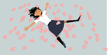 Happy girl lying on a floor, covered with hearts, EPS 8 vector illustrationのイラスト素材