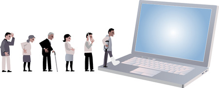 Line of people looking for medical help coming to a laptop, EPS 8 vector illustrationのイラスト素材