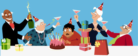 Diverse group of happy active seniors celebrates a birthday with a cake, EPS 8 vector illustrationのイラスト素材