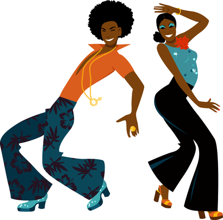 Young couple dressed in 1970s fashion dancing disco, EPS 8 vector illustrationのイラスト素材