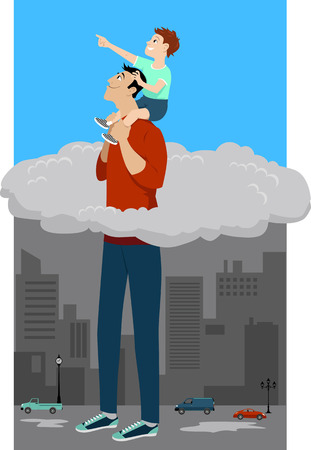 Superhero father holding son on his shoulder, lifting him above the clouds, vector illustrationのイラスト素材