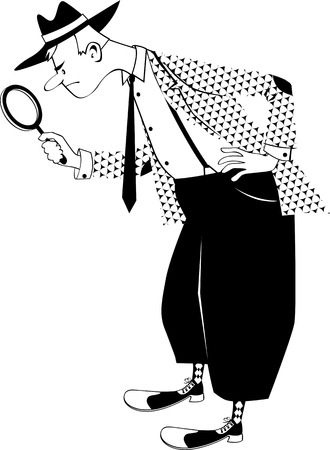 Cartoon man dressed in retro style with a magnifying glass, searching or examining something.のイラスト素材