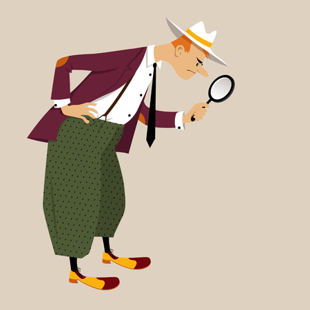 Cartoon man dressed in retro style with a magnifying glass, searching or examining something.のイラスト素材